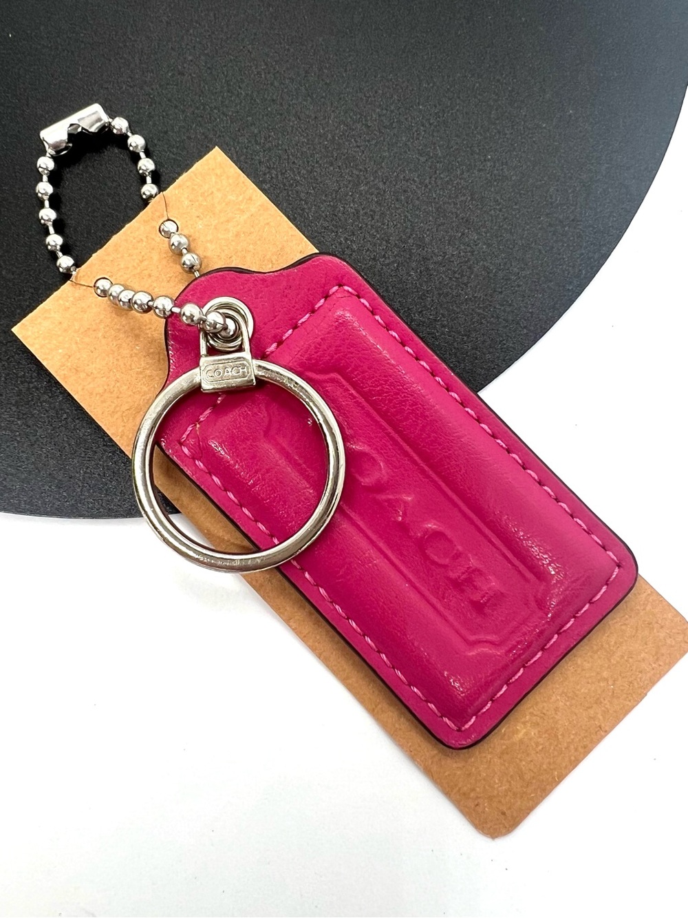 Coach Pink Leather Hangtag & Silver Key Ring Set Bag Charm Keychain Authentic
